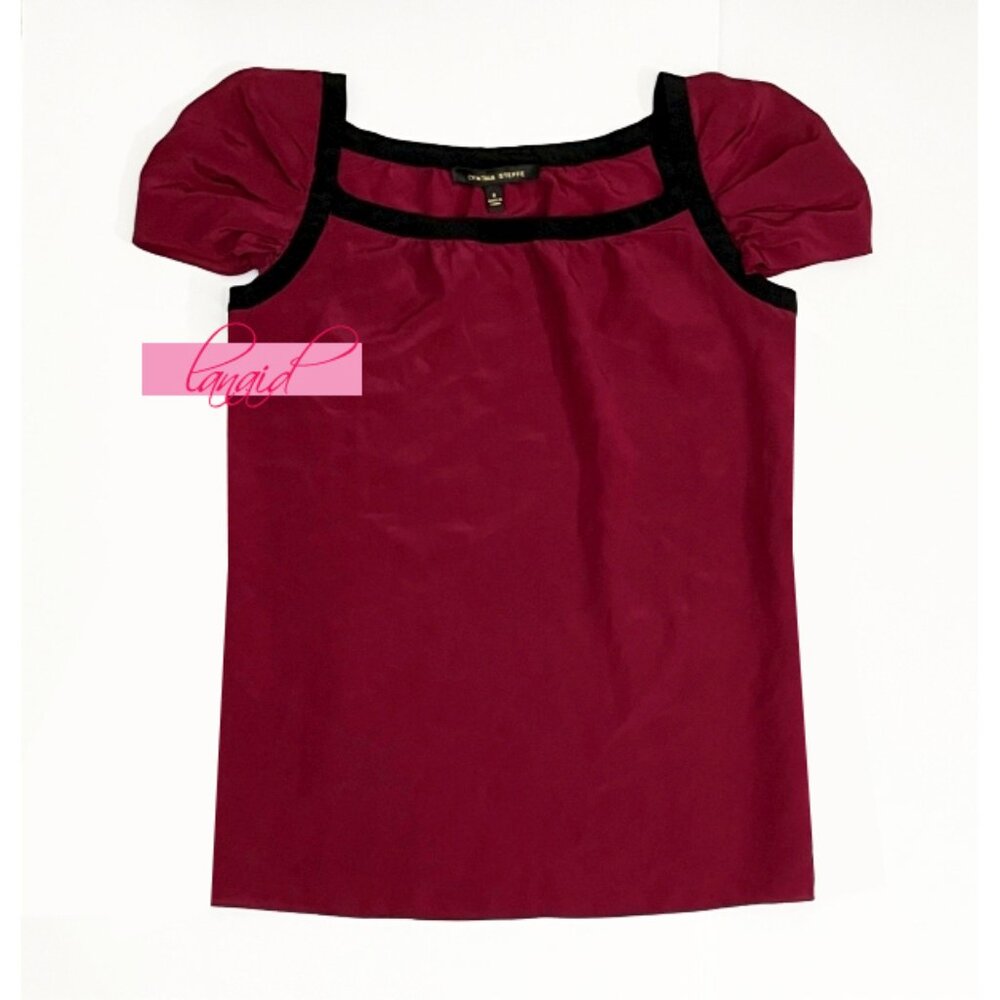 Cynthia Steffe Silk Burgundy Black Dark Red Ruffled Sleeves Wine Maroon Blouse 0